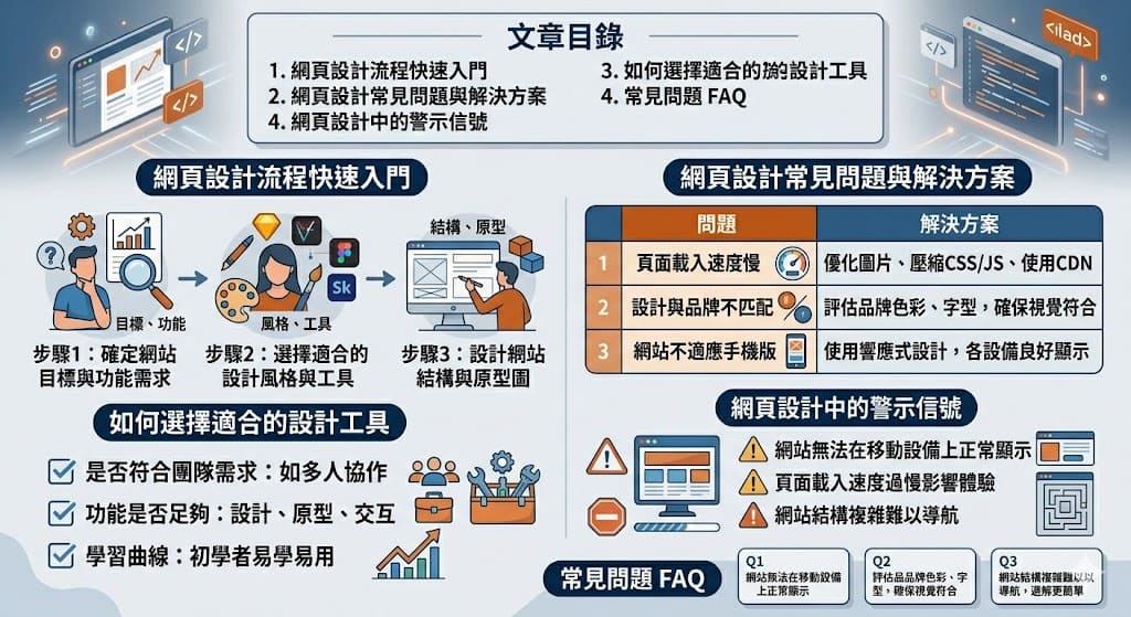 本篇文章將引領讀者了解網頁設計的基礎流程，從確定網站目標與需求開始，到選擇設計工具和設計網站結構的每一個步驟。文章中也涵蓋了網頁設計過程中常見的問題與解決方案，並提供了如何選擇適合的設計工具和警示信號。無論你是新手還是有經驗的設計師，這篇文章將幫助你快速掌握網頁設計的要點，提升設計效率和網站質量。