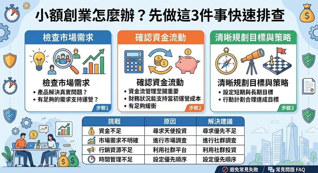 這篇文章深入探討了小額創業過程中的常見挑戰與應對策略，幫助創業者在資金不足、行銷資源有限的情況下順利啟動與運營。文章詳細介紹了小額創業的排查流程，從市場需求確認到資金管理，再到如何通過專業顧問的協助突破瓶頸，並提供了實用的創業建議。無論是剛起步還是遇到瓶頸的創業者，都能從中獲得有價值的見解，提升創業成功的機會。
