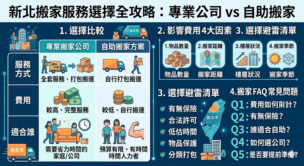 如果你正計劃搬家到新北,選擇合適的搬家服務對於順利搬遷至關重要。新北搬家服務有兩大選擇:搬家公司與自助搬家。專業搬家公司提供全方位的搬家服務,包括打包、搬運及運輸,而自助搬家則適合預算有限的用戶,僅提供搬家車輛與基本設備。根據你的需求與預算,選擇最適合的搬家方式,能讓搬遷過程更加順利、高效。