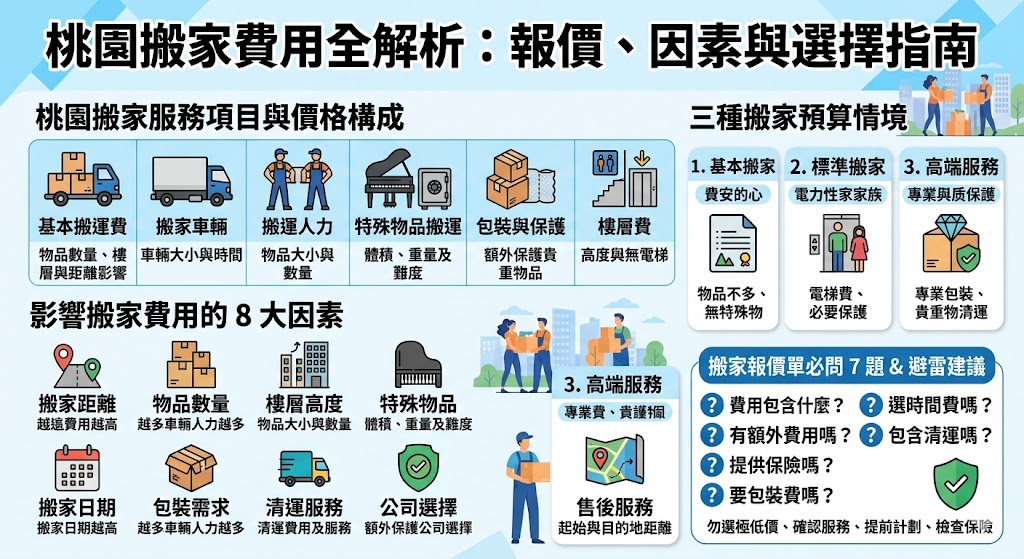 若你正在尋找搬家服務,了解桃園搬家費用的構成將幫助你做出明智選擇。本文將深入分析桃園搬家費用的組成,包括搬運人力、車輛運輸與特殊物品搬運等項目,並探討影響報價的多種因素。此外,我們還將提供三種預算情境選擇,幫助你根據自身需求選擇最適合的搬家方案,避免隱藏費用,確保搬家過程順利無憂。