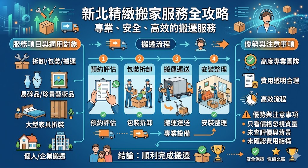 新北精緻搬家服務為客戶提供高品質的搬遷解決方案，無論是家庭搬家還是商業搬遷，都能保證安全、高效且細心的處理。搬家過程中，包括物品包裝、家具拆卸、易碎品搬運等項目，精緻搬家公司提供專業服務，適用於有特殊需求的搬遷。選擇新北精緻搬家，您可以獲得透明的搬遷費用、專業的服務團隊及全程保障，讓搬家過程更加順利。