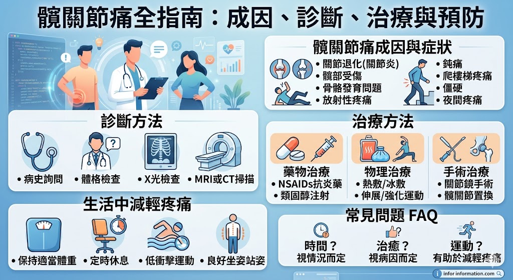 髖關節痛是一種常見的關節疾病，通常發生於年齡較大的人群，且可能由關節退化、受傷或其他疾病引起。這篇文章將深入探討髖關節痛的成因、常見症狀與有效的診斷方法，並介紹多種治療選擇，如藥物治療、物理治療以及手術方案。此外，文章還提供了幾個生活中可行的減輕髖關節痛的方法，幫助患者提高生活品質，減少不適。
