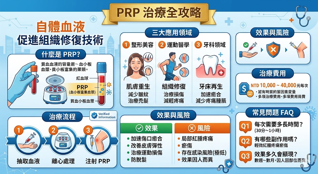 PRP是什麼？血小板富集血漿（PRP）療法已在多個領域得到廣泛應用，尤其在整形美容、運動醫學與牙科領域。PRP透過自體血液中的血小板來促進組織修復，並被證實對傷口癒合、頭髮再生等方面具有顯著效果。本文將深入介紹PRP的治療流程、應用範圍、效果與風險，並解答您對PRP治療的常見問題，讓您更了解這項創新技術。