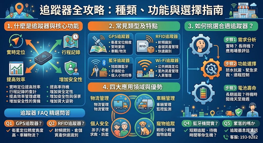 追蹤器是一種高效的設備,廣泛應用於物流、運輸、安防和個人安全領域。無論是用於車輛追蹤、貨物監控,還是個人或寵物的定位,追蹤器都能提供實時精確的位置信息。隨著科技進步,現代追蹤器不僅具備長時間持續運行的功能,還能根據需求選擇不同的定位技術,如GPS、RFID和藍牙追蹤器,成為許多行業不可或缺的工具。