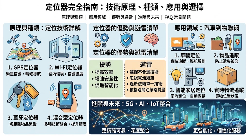 定位器是現代生活中不可或缺的工具，透過先進的定位技術，能夠精確地確定物體的位置，並在多種領域發揮關鍵作用。無論是在車輛導航、物流管理，還是智能家居和防盜系統中，定位器的應用範圍廣泛。隨著科技不斷發展，定位器的精度與功能將會持續提升，未來還將與物聯網技術深度融合，為用戶提供更智能的服務和解決方案。了解定位器的工作原理和選擇指南，對提升生活效率和安全具有重要意義。