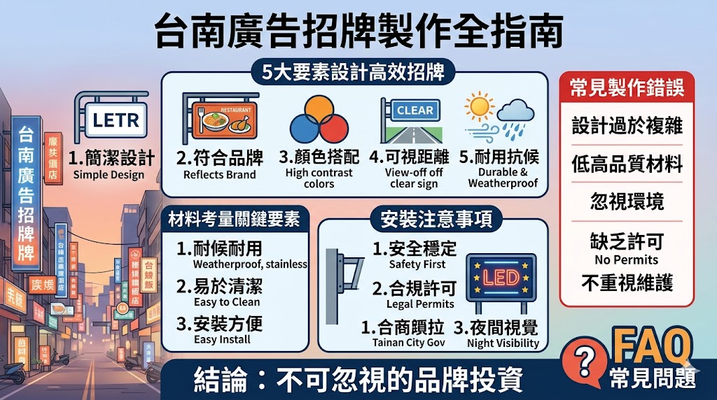 在台南,廣告招牌不僅是商業推廣的核心,還是品牌形象的重要象徵。無論是餐廳、商店或服務業,台南廣告招牌的設計與安裝對吸引顧客具有關鍵作用。選擇合適的設計風格、材料以及安裝位置,能提升可見度並加強品牌識別度。本篇文章將詳細介紹台南廣告招牌設計的五大要素,並提供製作過程中的常見錯誤與避免技巧,幫助商家打造專業、吸引目光的招牌。