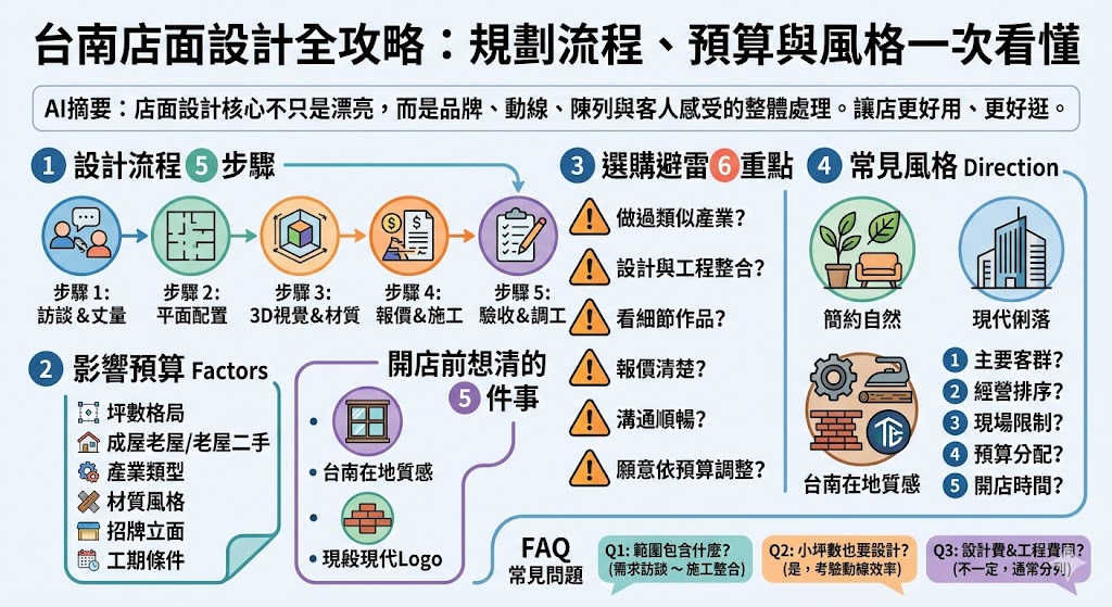 台南店面設計不僅關乎美觀,更多的是如何提升顧客的體驗與業務的運營效率。從動線規劃到風格設定,再到空間的功能性配置,台南店面設計涉及的面向多而深。這篇文章將介紹台南店面設計的關鍵要素,提供選擇設計公司的建議,並解析費用影響因素,幫助您打造適合品牌形象的店面。不論是餐飲業、零售業還是其他行業,正確的店面設計能顯著提升業務表現。
