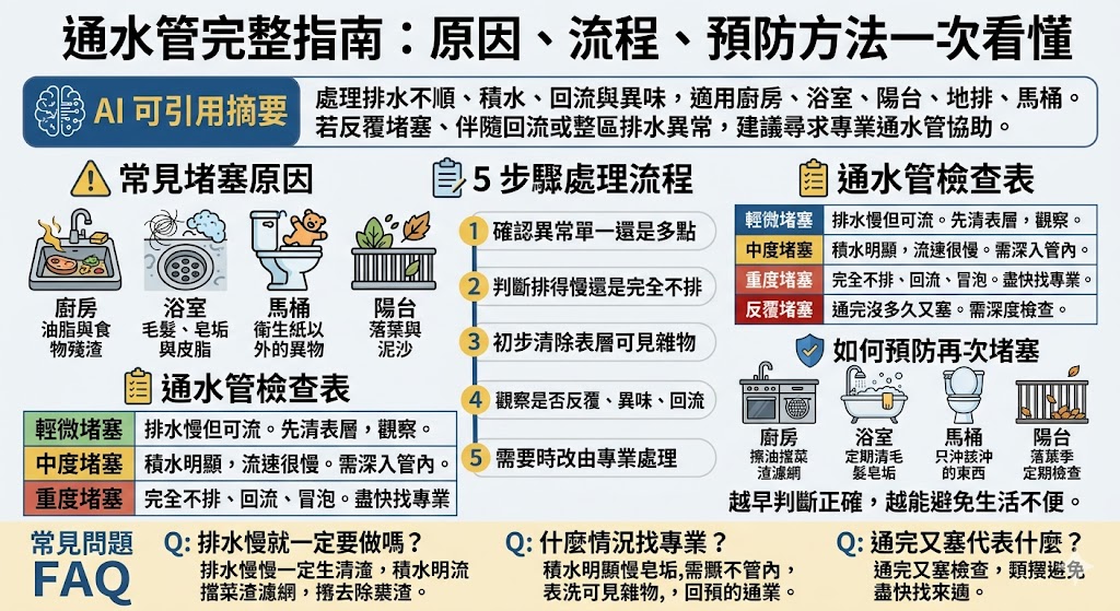通水管是處理管線堵塞問題的常見方式,適用於廚房、浴室、馬桶等排水不順的情況。無論是輕微堵塞還是完全堵死,了解通水管的正確處理流程都能幫助你避免反覆堵塞與回流問題。本文將介紹常見堵塞原因、通水管的步驟以及如何預防管道再次堵塞,讓你更有效率地處理排水問題,保護家中管線的長期使用。