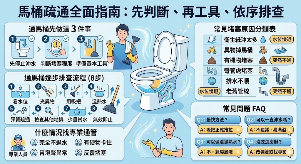 如果家中的馬桶突然堵塞,無法正常沖水,該怎麼辦?本篇文章將幫助你了解如何處理通馬桶的常見問題。從輕微堵塞到嚴重堵塞的狀況,提供了7個有效的通馬桶排查步驟,讓你可以輕鬆解決堵塞問題。透過本指南,你能掌握正確的通馬桶技巧,避免不必要的維修費用。如果自己處理無效,還會教你如何判斷何時該尋求專業通管服務。