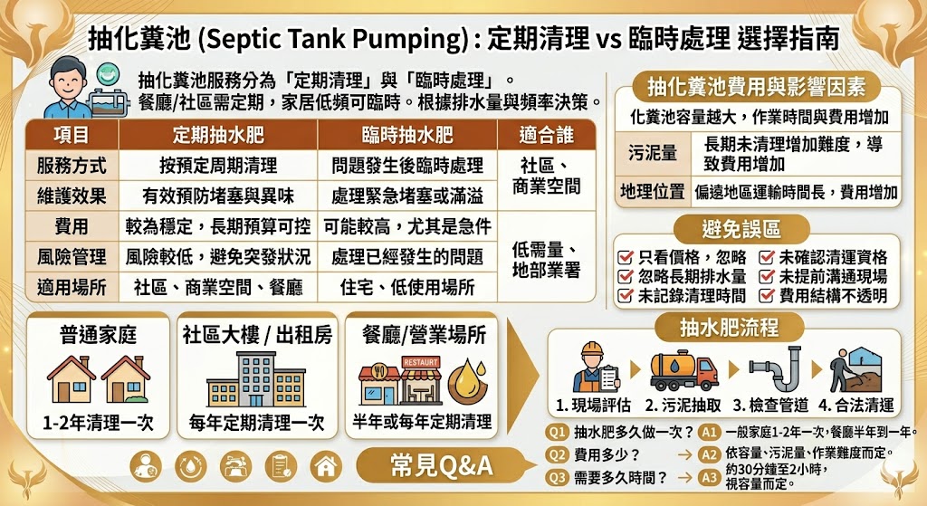 深入比較了「抽化糞池」服務中的兩種主要選擇：定期清理和臨時處理。對於不同需求的場所，選擇合適的清理方式能有效避免管道堵塞、排水異味或污水回流等問題。文章介紹了「抽化糞池」的服務方式、費用影響因素，以及各種情境下的最佳選擇，幫助讀者了解如何根據建築物的使用情況選擇最適合的抽水肥方案。
