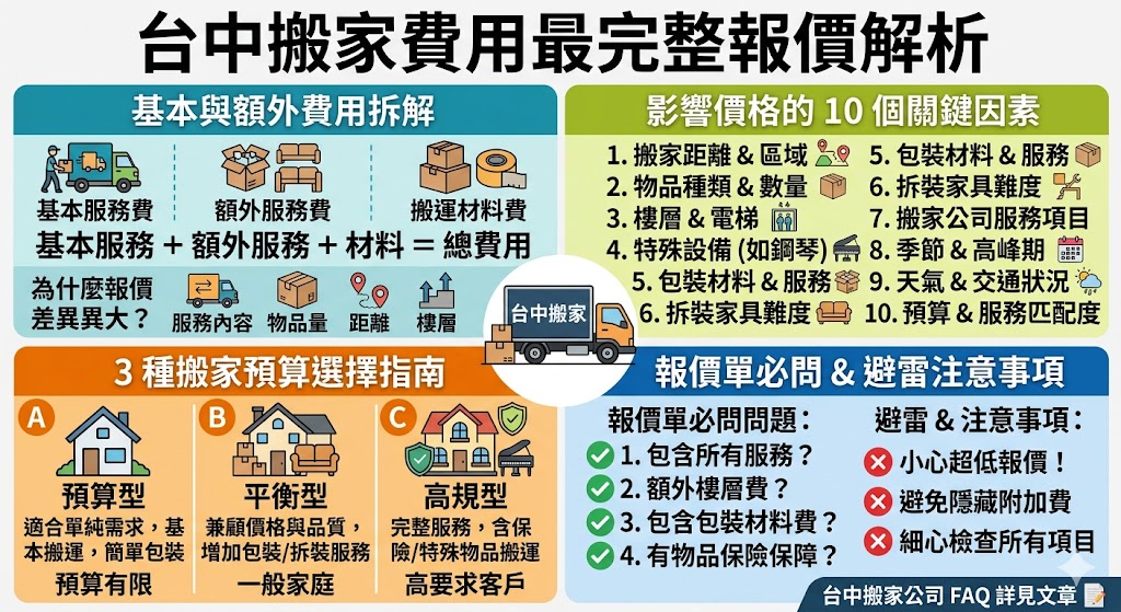 在選擇 台中搬家公司 時,了解費用結構至關重要。本文將詳細解析台中搬家服務的報價組成,包括基本搬遷服務、特殊搬運需求及附加費用等,幫助你避免隱藏費用,讓搬家過程更加順利。此外,我們也會介紹影響搬家費用的多個關鍵因素,幫助你選擇最合適的搬家公司和服務方案,確保搬遷順利無憂。