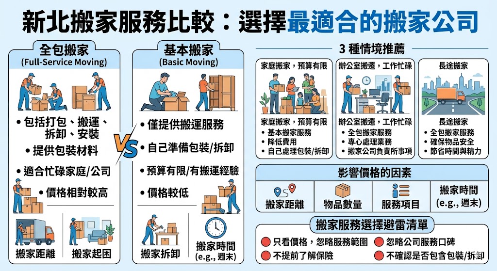 選擇適合的搬家公司對於搬遷過程的順利進行至關重要。本文將幫助您了解新北搬家市場中兩大服務方式的區別:全包搬家與基本搬家。無論是需要全方位服務的家庭搬遷,還是有預算限制的小型搬家,本篇文章將為您提供詳細的比較與推薦,協助您選擇最合適的新北搬家服務,讓您的搬家過程更加輕鬆順利。