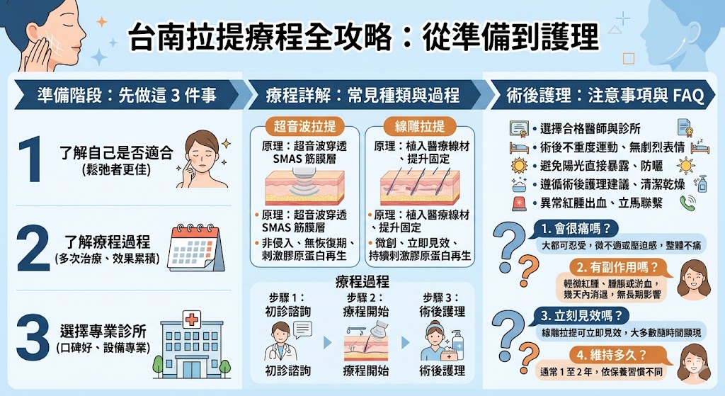 台南拉提療程是針對年齡增長導致皮膚鬆弛和皺紋問題的一種有效治療方法。這項療程主要透過超音波拉提或線雕拉提技術，刺激膠原蛋白再生，從而達到緊緻皮膚、改善臉部輪廓的效果。無論是輕微的皮膚下垂還是法令紋、木偶紋，台南拉提都能提供顯著的改善效果。選擇合適的療程方案和專業診所，能讓你的肌膚重現年輕緊緻感。