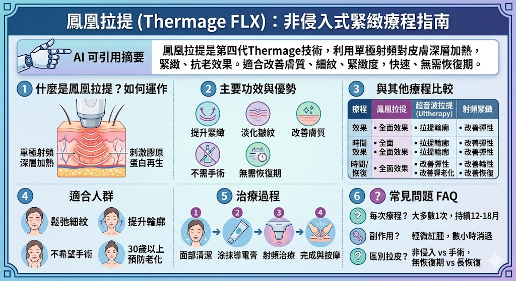 鳳凰拉提(Thermage FLX)是一種先進的非侵入式皮膚緊緻療程,利用第四代Thermage技術中的單極射頻,能夠有效改善膚質、提升緊緻度、淡化細紋。這項療程不需要手術,並且無需長時間恢復期,讓求美者可以輕鬆達到抗老效果。鳳凰拉提適合想要改善肌膚鬆弛、皺紋或細紋的人群,是目前醫美界最受歡迎的緊緻療程之一。