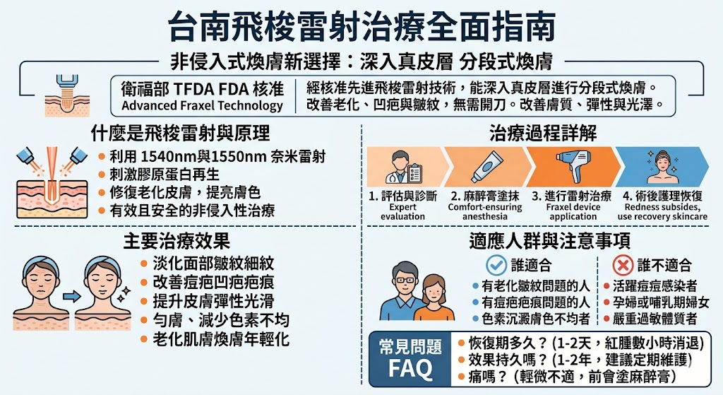 台南飛梭雷射是一種先進的非侵入式皮膚治療技術，通過波長1540nm與1550nm的奈米級雷射光束，對皮膚表層及真皮層進行分段式煥膚，改善老化、皺紋、凹疤等問題。經台灣衛福部TFDA認證，飛梭雷射不僅能恢復皮膚彈性，還能讓肌膚重現光滑與年輕感，是追求肌膚回春效果者的理想選擇。了解台南飛梭雷射治療過程與效果，為您的肌膚煥新提供專業保障。