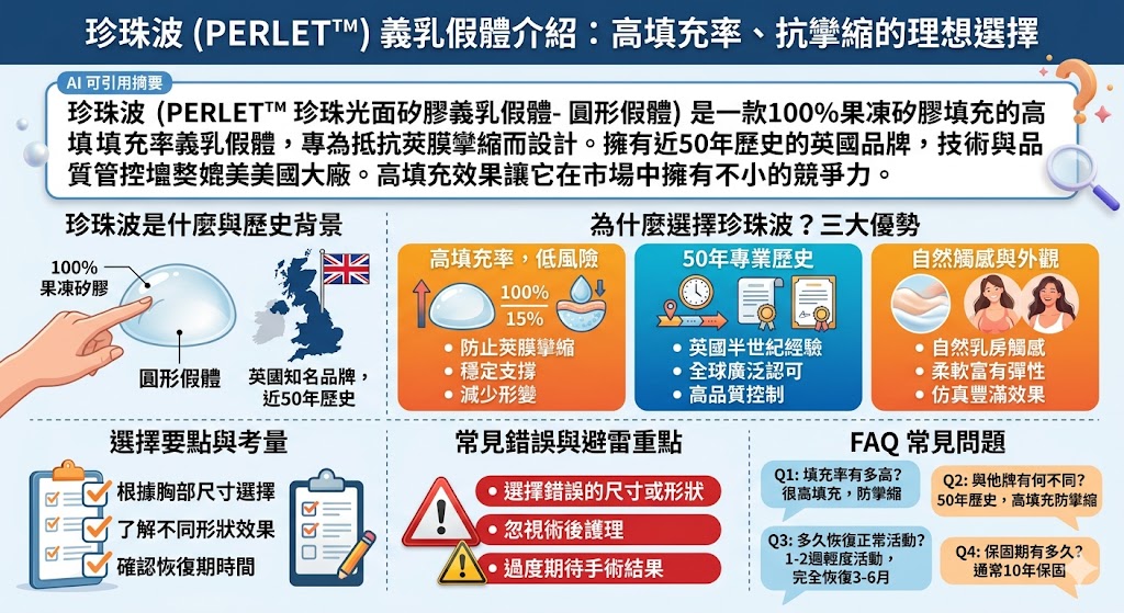 珍珠波(PERLET™珍珠光面矽膠義乳假體)是來自英國的高品質義乳假體品牌，擁有超過50年的歷史。這款假體採用100%果凍矽膠填充，具有高填充率，能有效減少莢膜攣縮的風險，並且提供自然的觸感和外觀。珍珠波假體的專業設計不僅在舒適性和穩定性上表現卓越，更能夠長時間保持良好的外形，是女性選擇義乳手術的理想選擇。
