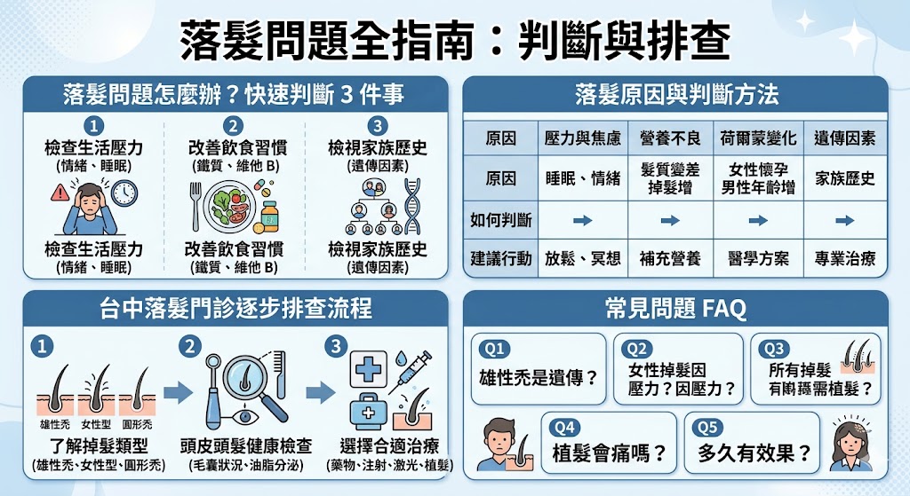 如果你正在面臨掉髮困擾，台中落髮門診提供多種專業治療選擇，幫助你了解掉髮原因並找到最適合的解決方案。無論是遺傳性掉髮、壓力引起的掉髮，還是營養不良造成的頭髮問題，這裡的專業醫師能為你進行全面的頭皮檢查，並根據檢查結果推薦個性化治療。選擇台中落髮門診，讓專業的醫療服務幫助你重拾自信，讓頭髮健康再現。