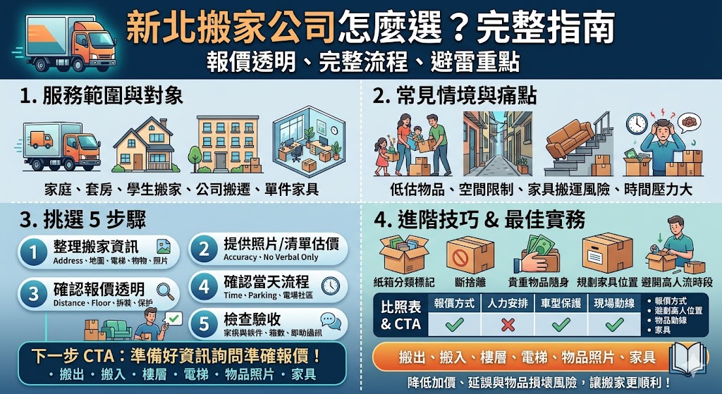 在新北挑選搬家公司時，建議優先鎖定具備政府核可執照且網路評價透明的業者，並以「以車計價」作為報價參考，目前 1.75 噸貨車起步價約為 1,000 元起，而 3.5 噸貨車行情則在 2,500 元至 3,500 元之間，實際費用會隨有無電梯、樓層高度及步行距離彈性調整。標準流程應包含前期的線上或到場估價、簽訂詳盡書面合約、搬運當日點收物品，以及最後的驗收付款。為了精準避雷，務必確認合約中是否明列家具拆裝、夜間加乘或特殊大型物件的加價細項，避免業者現場惡意喊價。建議搬遷前落實「斷捨離」以節省車數成本，並將高價品拍照存證，確保物品損害時的賠償權益。選擇有崔媽媽基金會等公信組織認證的公司，能大幅降低遇到搬家流氓的風險，確保在巷弄狹窄的新北區域也能順利安心喬遷。