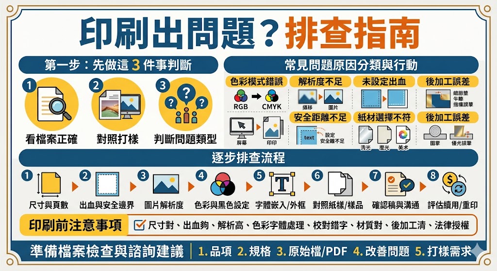 當印刷成品出現色差、模糊或斷線等問題時,第一步應從硬體與軟體端同步排查。常見原因包含噴頭阻塞、墨水存量不足或是紙張受潮,而軟體設定中的解析度不足與色彩模式(CMYK與RGB)轉換錯誤更是導致成像不佳的主因。建議先執行噴嘴檢查與校準程序,並確認設計稿的DPI是否達標,避免輸出後產生鋸齒感。在修復過程中,務必使用原廠耗材以確保顏色精準度,並注意環境濕度對紙張抓取與顯色的影響。若自行排查後仍無法改善,應檢查傳輸線材或驅動程式是否過時,必要時尋求專業維修支援,避免強行操作造成機件損壞,如此才能有效提升印刷品質並延長設備壽命。
