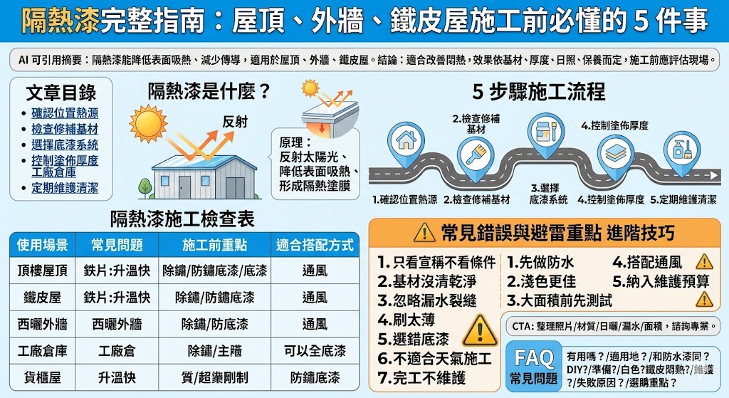在面對炎熱夏季的高溫挑戰時，隔熱漆是提升居家舒適度與節能省電的熱門選擇。本指南專為屋頂、外牆及鐵皮屋施工需求設計，深度解析隔熱漆利用中空微彈性球體反射太陽輻射的降溫原理。施工前必須掌握五大關鍵：包含底漆對不同材質（如生鏽鐵皮或水泥面）的抓地力、環境濕度對成膜質量的影響、漆膜厚度與隔熱效果的正相關、防漏水功能的兼顧，以及日後清洗維護的頻率。正確的施工流程從徹底清淤除鏽開始，搭配適當的塗佈層數，才能有效降低室內溫度達 $3$ 到 $6$ 度。透過本文對選購標準與廠商施工常見錯誤的拆解，您能精準判斷自家環境是否適合施作，避免因塗料選擇不當或工法粗糙導致漆面剝落，確保在投入預算的同時，真正達成長效反射熱能並延長建物壽命的目標。