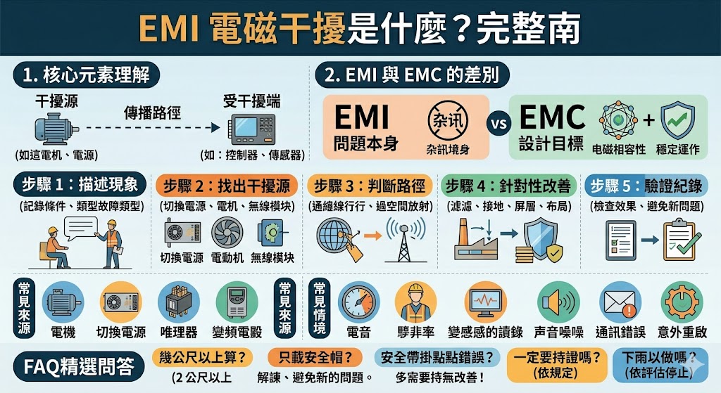 電磁干擾（EMI）是指電子設備發出的電磁波影響到其他設備正常運行的現象，在現代高度整合的電子環境中尤為關鍵。EMI 的產生主要源於傳導干擾與輻射干擾，其成因可能包括快速切換的電流、開關電源、馬達運轉或是無線通訊訊號。為了確保產品穩定性，必須透過專業的電磁相容性（EMC）檢測，利用電波暗室評估受測物在運作時是否符合國際安全標準。改善 EMI 的方式通常包含硬體層面的電路板佈局優化、加裝濾波器以抑制傳導雜訊、使用金屬屏蔽殼隔絕輻射干擾，以及加強接地系統的完整性。企業若能從產品研發初期就納入防護設計，不僅能有效降低重複修改的研發成本，更能在日益嚴苛的車用或工業電網環境中，提升產品的抗擾性與市場信賴度，確保電子系統在複雜電磁環境下依然能夠精準運作。