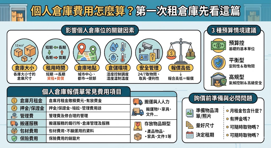 租用個人倉庫費用怎麼算?第一次租迷你倉或個人倉庫前必看這篇完整指南!選擇個人倉庫時,除了基本月租費,還需考量空間大小、保證金、管理費以及門禁設備等隱藏成本。不同尺寸的個人倉庫適合擺放換季衣物、收藏品或小型家具,透過精打細算,用最划算的預算找到合適的儲存空間。第一次租個人倉庫,只要掌握計價方式與簽約注意事項,就能輕鬆解決居家空間不足的問題,享受安全又便利的私人收納體驗。