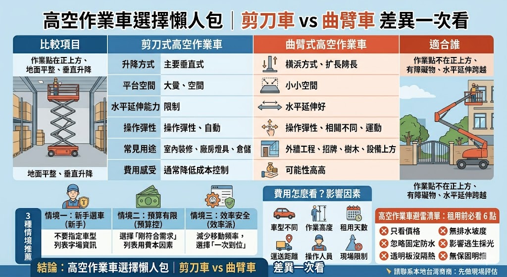 高空作業車是現代營建與廠房維護不可或缺的重要設備，能大幅提升高空作業的安全性與效率。在挑選適合的機型時，了解剪刀車與曲臂車的差異至關重要。剪刀車具備平穩的垂直升降平台與大承載空間，非常適合室內高空作業、設備安裝及常規高空維修；而曲臂車則擁有靈活的關節式延伸臂，能輕鬆避開障礙物並進行大範圍的跨越，是處理複雜地形或高難度戶外維修的理想選擇。建議企業在評估高空作業車時，應根據施工環境、垂直高度及跨距需求，選擇最符合工地的機型，以確保工程順利進行並保障人員安全。