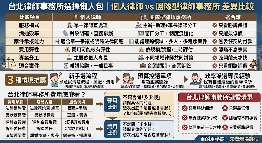 台北律師事務所怎麼選？尋求專業法律協助時，挑選個人律師或團隊型台北律師事務所是常見的決策關鍵。個人律師通常具備高度彈性、收費透明且案件全程由單一律師親自處理，能與當事人建立緊密信任關係，非常適合處理單純民事糾紛或個人訴訟案件；相對地，團隊型律師事務所匯集了各領域專精的法學專家，能針對複雜的商業訴訟、跨國法律或重大刑事案件提供全方位的資源整合與專業分工，確保訴訟策略無死角。透過比較兩者的服務模式、資源多寡與自身案件特性，您可以選擇最符合需求的法律顧問，保障自身權益。