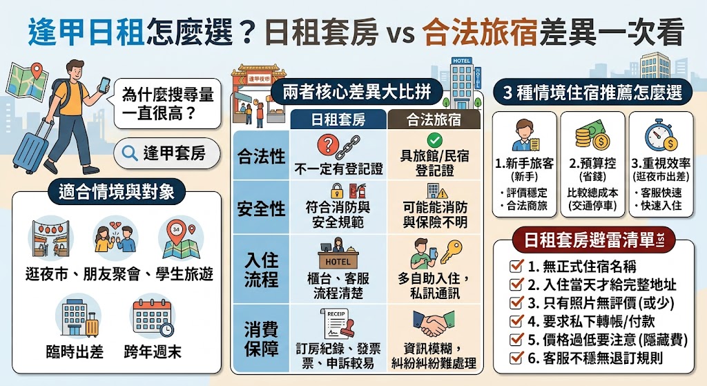 規劃台中住宿時，了解逢甲日租套房與合法旅宿之間的差異，是保障自身權益與旅遊品質的重要關鍵。逢甲日租套房價格相對親民，且多數鄰近商圈，但這類日租往往缺乏主管機關的合法登記，一旦發生消防安全或消費糾紛，旅客的權益難以獲得充分保障。相對地，合法的逢甲旅宿與飯店雖然費用略高，但其建築結構、消防設施皆通過嚴格審查，且具備完整的公共意外責任險與透明的退費機制。在挑選逢甲日租或周邊住宿時，建議以合法登記的旅宿為優先考量，才能在享受便利夜市美食的同時，確保住宿安全與舒適度，讓整趟旅程更加安心無憂。