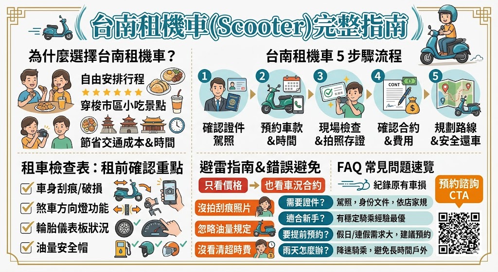 想安排台南自由行，台南租機車是不少旅客喜歡的交通方式，能更彈性穿梭市區小吃、安平景點、夜市與巷弄老街。本文整理台南租機車的租車流程、證件準備、車況檢查、費用規則與避雷重點，幫助新手在出發前掌握注意事項，讓旅程移動更順暢。
