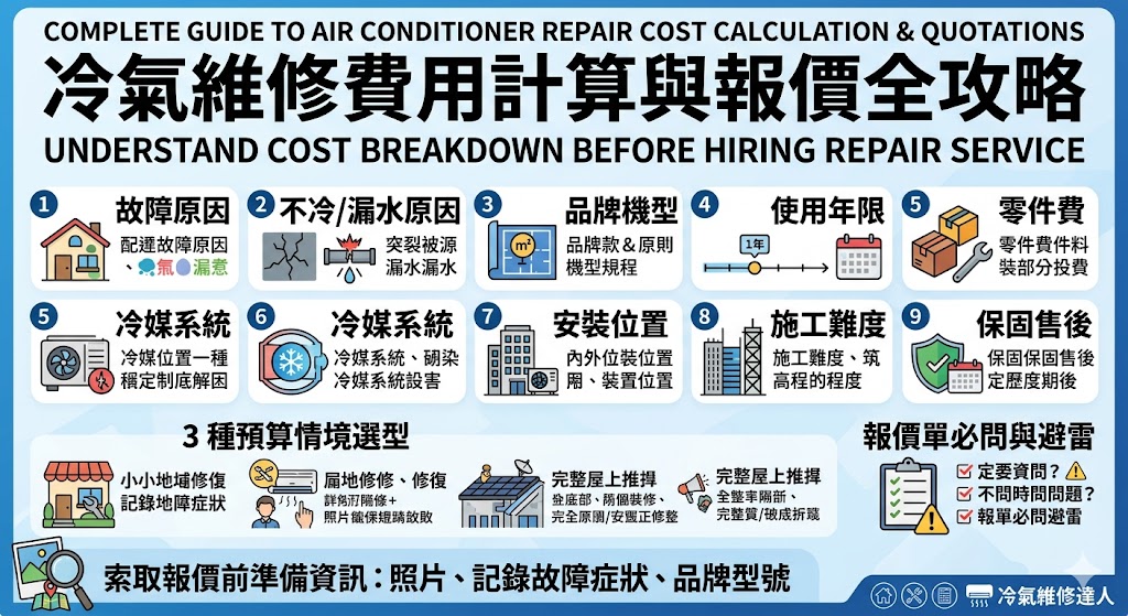 冷氣維修費用會依故障原因、零件更換、冷媒處理、拆裝難度與現場環境而不同。第一次找廠商時,建議先了解冷氣維修報價單包含哪些項目,包含檢測費、工資、材料費與保固內容。本文整理冷氣維修費用組成、影響價格因素、預算建議與報價必問問題,協助你避開隱藏費用並快速索取合理報價。