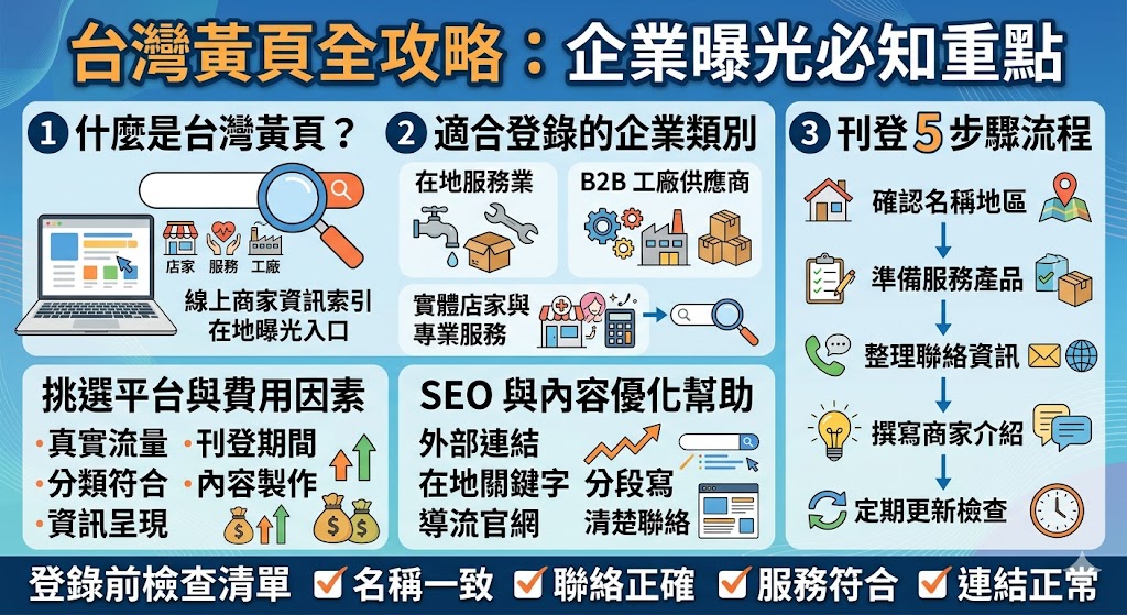 台灣黃頁是許多企業與店家用來提升在地搜尋曝光的商業資訊平台。透過台灣黃頁，商家能夠展示公司名稱、服務內容、聯絡方式與網站連結，幫助有需求的客戶更快找到對應服務。對中小企業、在地服務業與工廠供應商來說，台灣黃頁不僅提升品牌曝光，也補充搜尋能見度。