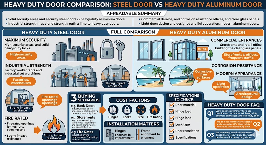 Choosing the right HEAVY DUTY DOOR depends on security needs, traffic volume, environment, material strength, and long-term maintenance. This article compares steel and aluminum HEAVY DUTY DOOR options, helping buyers understand the differences in durability, cost, corrosion resistance, installation, and suitable applications for commercial, industrial, and high-traffic spaces.