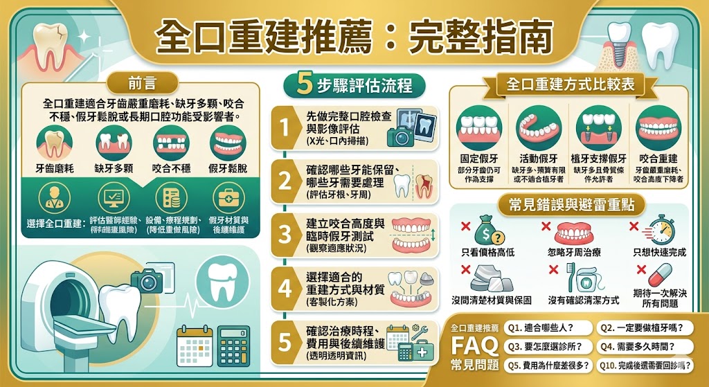全口重建推薦不只要看價格,更要評估醫師經驗、咬合規劃、植牙與假牙設計、設備檢查及後續維護。本文整理全口重建推薦的適合對象、治療流程、常見方案比較與避雷重點,幫助有多顆缺牙、假牙鬆脫或咬合不穩的人,在諮詢前更清楚判斷適合自己的重建方向。