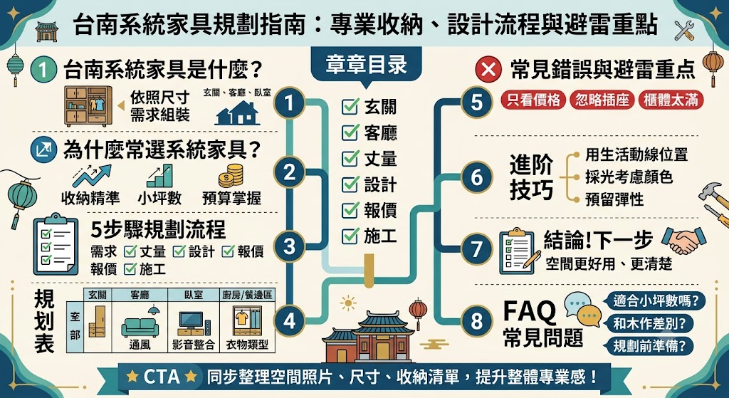 想規劃台南系統家具卻不知道從哪裡開始？台南系統家具能依照玄關、客廳、臥室、廚房與書房等不同空間需求，客製化收納櫃體、動線配置與整體風格，適合新成屋裝潢、老屋翻新、小坪數住宅與透天住宅使用。透過系統化丈量、板材選擇、五金配置與施工規劃，能讓居家空間更整齊實用，也能避免插座被擋、櫃體做太滿、收納不符合習慣等常見問題，是提升生活機能與空間質感的重要選擇。