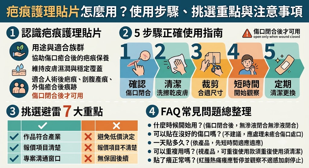 疤痕護理貼片適合用於傷口癒合後的日常疤痕照護，可協助覆蓋疤痕部位、減少衣物摩擦，並幫助使用者建立穩定保養習慣。本文整理疤痕護理貼片的使用時機、正確貼法、挑選重點、常見錯誤與注意事項，適合手術後、外傷後、剖腹產後或想了解疤痕保養的新手參考，幫助你更清楚判斷疤痕護理貼片是否適合自己的照護需求。