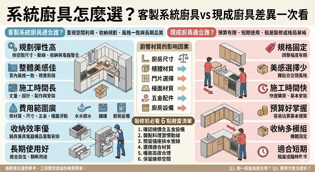 想規劃系統廚具卻不知道該選客製還是現成廚具?本文整理系統廚具與一般廚具的差異、費用影響因素、常見配置、材質選擇與避雷重點,幫助你依照廚房空間、收納需求、料理習慣與預算,判斷最適合的廚房裝修方式,打造更順手、耐用又符合生活需求的理想廚房。