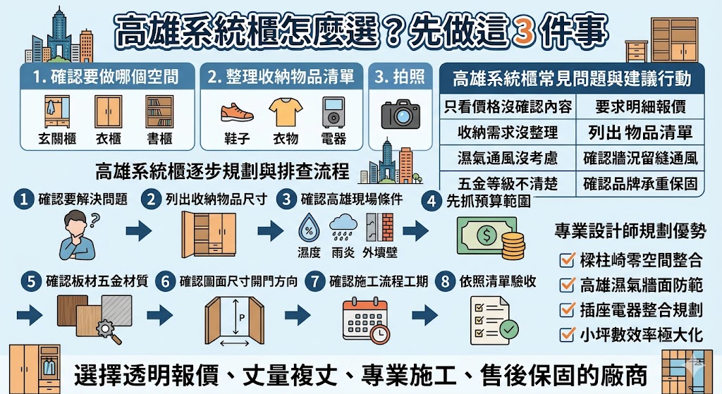 想找高雄系統櫃卻不知道怎麼比較報價與設計?本文整理高雄系統櫃規劃前必看的重點,從收納需求、空間尺寸、板材五金、潮濕環境、施工流程到完工驗收,帶你一步步判斷系統櫃是否符合居家動線與預算,避免只看價格卻忽略實用性與耐用度。無論是玄關櫃、衣櫃、電視櫃、餐邊櫃或小坪數收納,都能透過完整排查流程,找到更適合自己的高雄系統櫃設計方向。