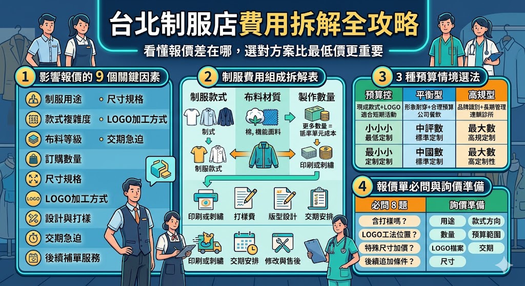 想找台北制服店訂做公司制服、餐飲制服或活動制服，卻不清楚費用怎麼算？本文整理台北制服店報價組成、布料款式、LOGO刺繡印刷、打樣修改、交期與付款方式，幫助首次詢價者看懂價位差異，避開隱藏費用，快速準備資料並索取適合的制服方案報價。