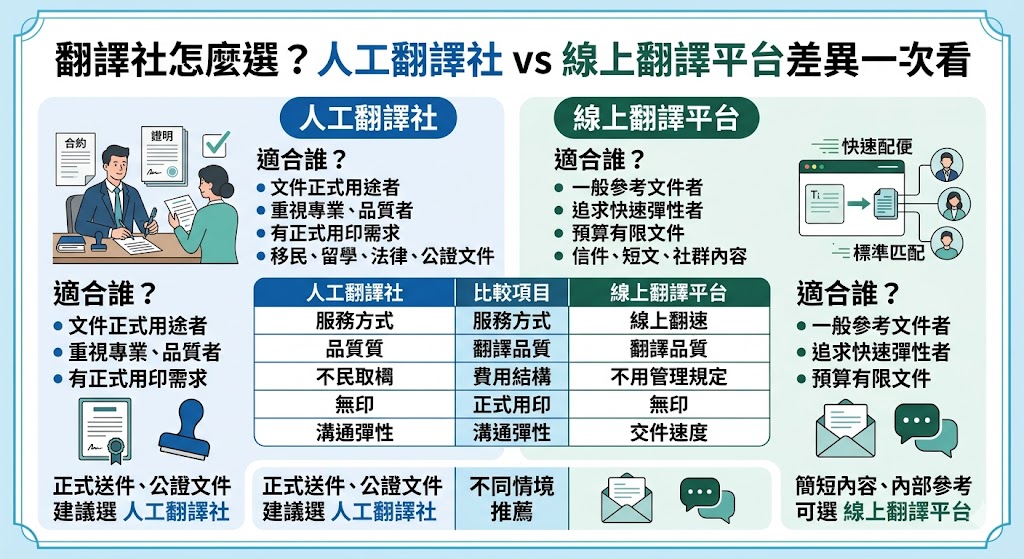 想找翻譯社卻不知道怎麼選？本文整理人工翻譯社與線上翻譯平台的差異，從翻譯費用、交件時間、正式文件、認證翻譯、專業領域與適合族群完整比較，幫助你依照文件用途、預算與時效需求，快速判斷哪一種翻譯社服務最適合，避免只看低價而忽略品質、格式與送件風險。
