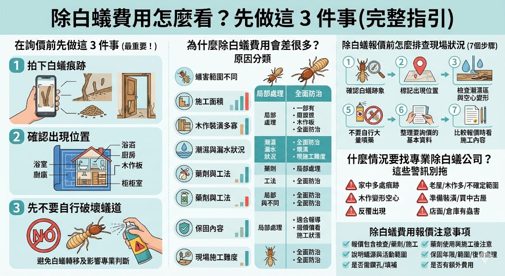 想了解除白蟻費用怎麼估算,不能只看一坪多少,還要評估白蟻範圍、施工方式、木作受損程度、房屋坪數與保固內容。本文整理除白蟻費用常見影響因素、報價前排查步驟、專業處理警訊與詢價注意事項,幫助你判斷局部處理或全屋防治是否適合,避免只比低價卻沒處理到蟻路與受害核心。