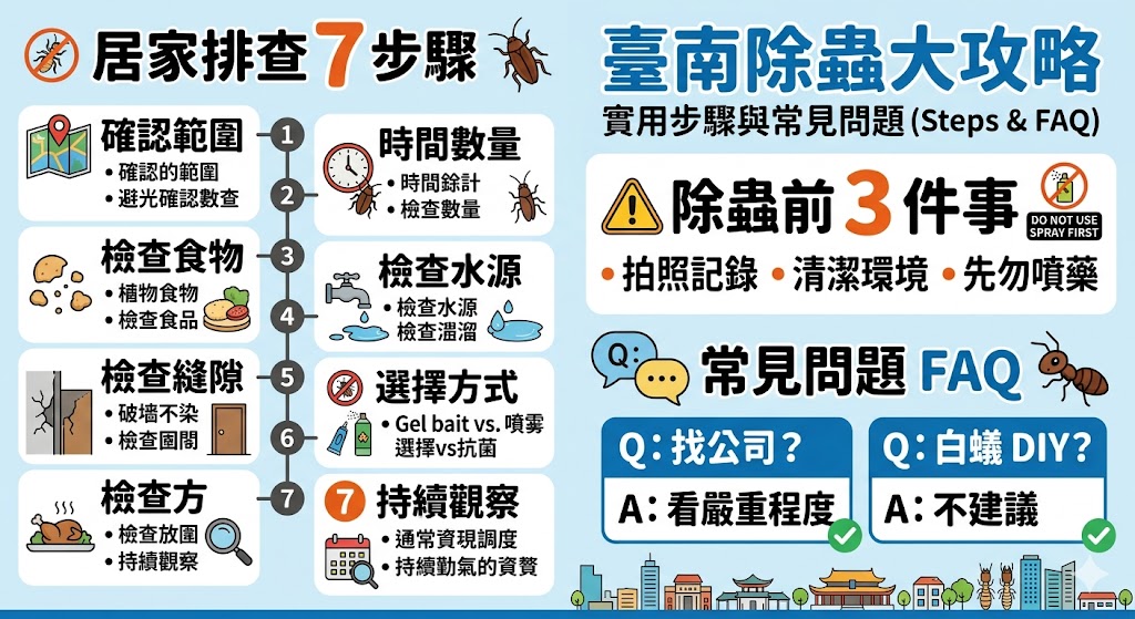 台南除蟲遇到蟑螂、螞蟻、白蟻、跳蚤、床蝨或蚊蟲問題時，不能只靠殺蟲劑處理表面，重點是先找出蟲害來源、判斷出現範圍，並檢查食物殘渣、水源、排水孔、縫隙與潮濕環境。本文整理台南除蟲前必做的 3 件事、常見蟲害原因分類、7 個排查步驟，以及哪些情況需要找專業台南除蟲公司協助，幫助住家、店面與餐飲空間降低蟲害反覆發生的機率。