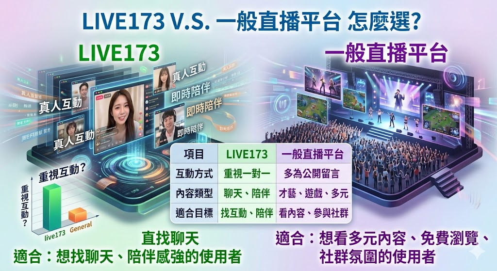 想了解 live173 是否適合自己,可以先從互動方式、費用機制與使用情境比較。live173 較適合重視真人聊天、即時互動與陪伴感的使用者;若只是想看公開直播、追蹤創作者或參與社群,一般直播平台可能更合適。使用 live173 前建議先確認官方資訊、加值規則、隱私安全與個人預算,避免因互動熱度造成過度消費,並依照自身需求選擇最適合的平台。