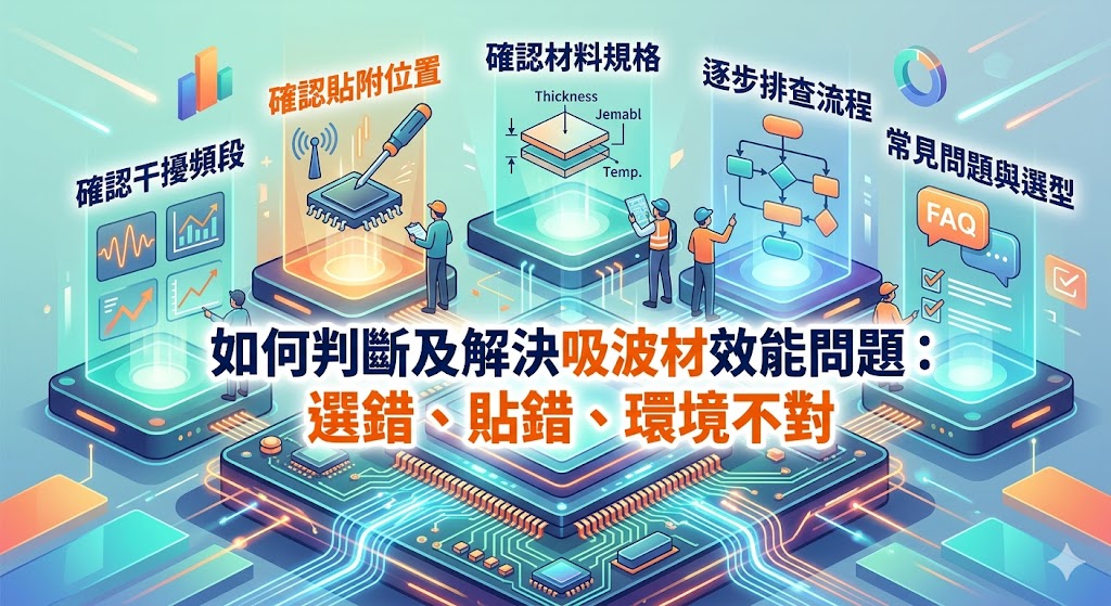 吸波材常用於電子產品、通訊設備、車用電子與高頻模組中，協助降低電磁波反射、抑制雜訊干擾並改善 EMI／EMC 測試表現。本文整理吸波材效果不佳時的常見原因、判斷方式與排查流程，從頻段不匹配、貼附位置錯誤、厚度選擇、背膠耐溫到量產貼合穩定性，協助工程師與採購人員更快判斷吸波材選型方向，避免盲目更換材料，提升產品測試與量產穩定度。