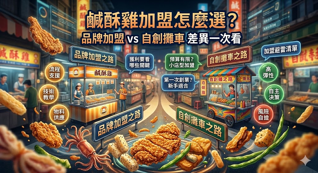 想投入小吃創業，鹹酥雞加盟是不少新手會考慮的選項，但不同鹹酥雞加盟品牌在加盟金、設備費、物料供應、教育訓練與開店支援上都有差異。選擇前建議先比較品牌制度、商圈條件、成本結構與合約內容，才能判斷適合加盟品牌還是自創攤車，降低開店初期摸索成本，找到更符合預算與經營目標的創業模式。