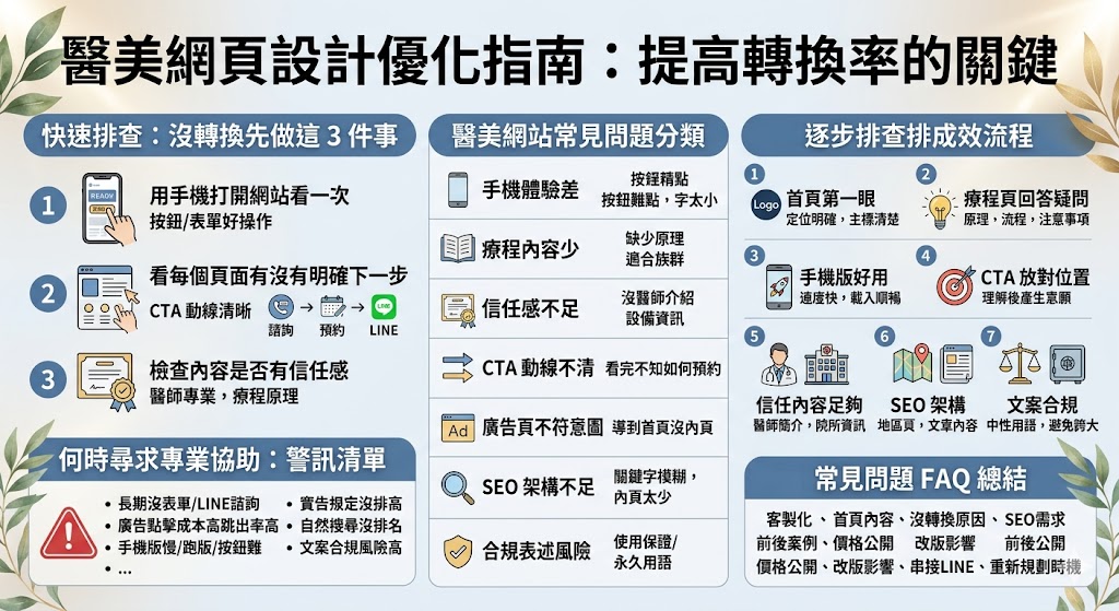 醫美網頁設計不只是把網站做漂亮，更要兼顧手機版體驗、療程內容、SEO架構、信任感與預約動線。好的醫美網頁設計能幫助診所清楚呈現療程資訊、醫師專業與諮詢流程，讓使用者從搜尋、閱讀到預約都更順暢，同時也能降低廣告流量浪費，提升網站承接與轉換成效。