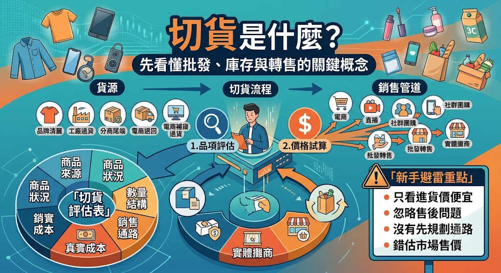 切貨是許多批發商、電商賣家、直播主與社群團購經營者常見的進貨方式，主要是以較低價格承接廠商庫存、品牌清倉品、尾貨或通路剩貨，再透過不同銷售管道轉售獲利。想做切貨前，必須先了解商品來源、品項狀況、真實成本、銷售通路與庫存風險，避免只看價格便宜就大量進貨。透過正確的切貨評估流程，可以降低滯銷壓力，提升商品週轉效率，讓低成本進貨更有機會轉化為穩定收益。