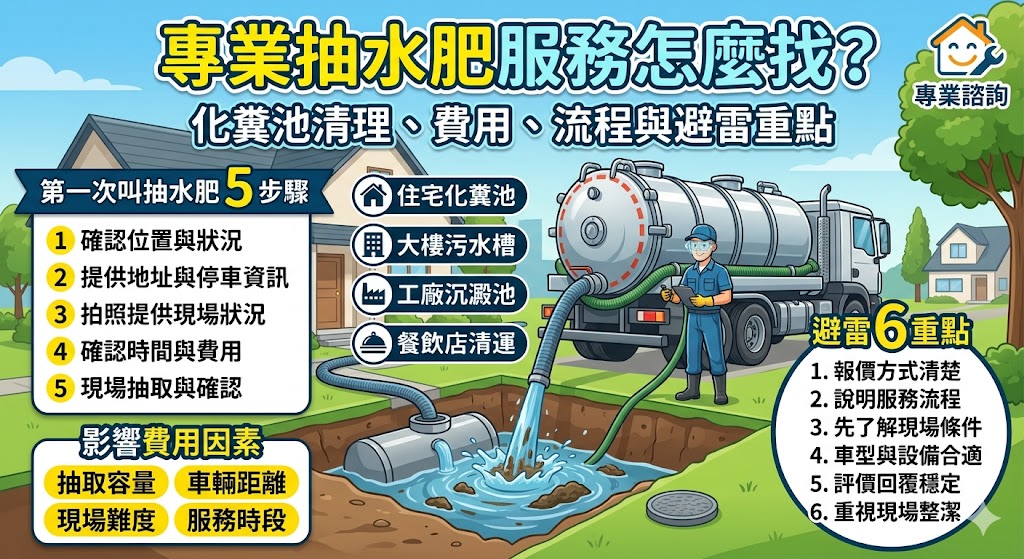 抽水肥是住家、透天厝、社區大樓、店面與工廠常見的環境維護服務，主要處理化糞池、污水槽、沉澱池與集水井累積的污物與廢水。當出現馬桶排水變慢、異味明顯、污水外溢或化糞池長期未清理時，就建議尋找專業抽水肥廠商協助評估。本文整理抽水肥流程、費用影響因素、廠商挑選方式與常見問題，幫助有需求的民眾快速了解服務重點，降低臨時叫車、報價不清或現場作業落差的風險。