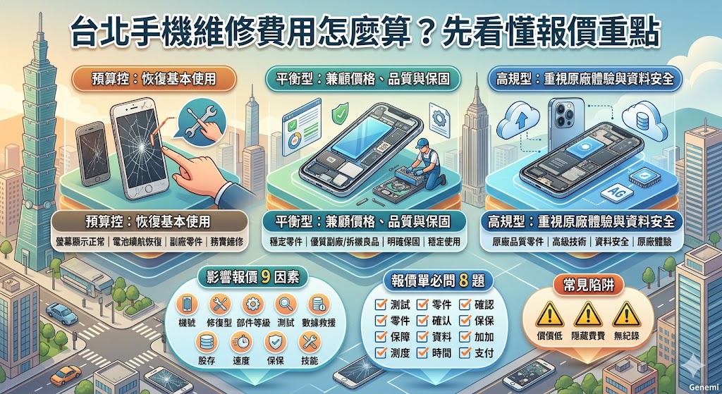 台北手機維修費用會依品牌型號、故障狀況、零件等級與維修難度而有所不同，常見項目包含螢幕更換、電池更換、充電孔維修、泡水檢測、主機板維修與資料處理。第一次尋找台北手機維修店家時，建議先確認報價是否包含檢測費、零件費、工資與保固，並了解維修時間、付款方式與是否會有追加費用。透過完整報價單比較，能更清楚掌握維修價位，避免只看低價卻忽略零件品質與售後服務。