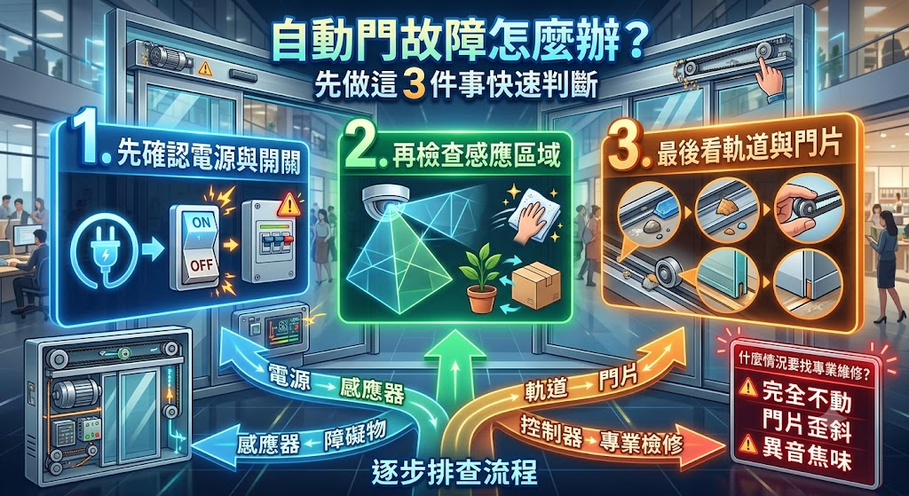 自動門突然打不開、關不起來或反覆開關，可能與電源、感應器、軌道異物、門片歪斜或控制系統異常有關。本文整理自動門常見故障原因、快速排查步驟與需要專業維修的警訊，協助店家、社區與辦公空間在遇到自動門異常時，先判斷問題方向，避免硬推造成二次損壞，並掌握後續保養與維修注意事項。